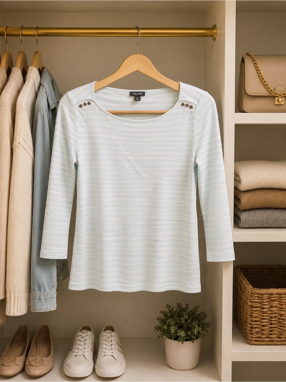 Ann Taylor Light Blue Striped Scoop Neck Long Sleeve Top with Button Detail